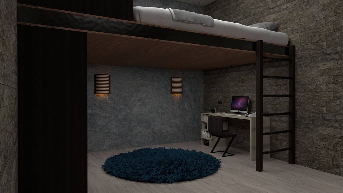 Infographic showing safe layout of gaming room with bunk bed: top bunk for sleeping with blackout curtain, bottom bunk with desk, cable raceways along railing, and sound-absorbing panels on walls