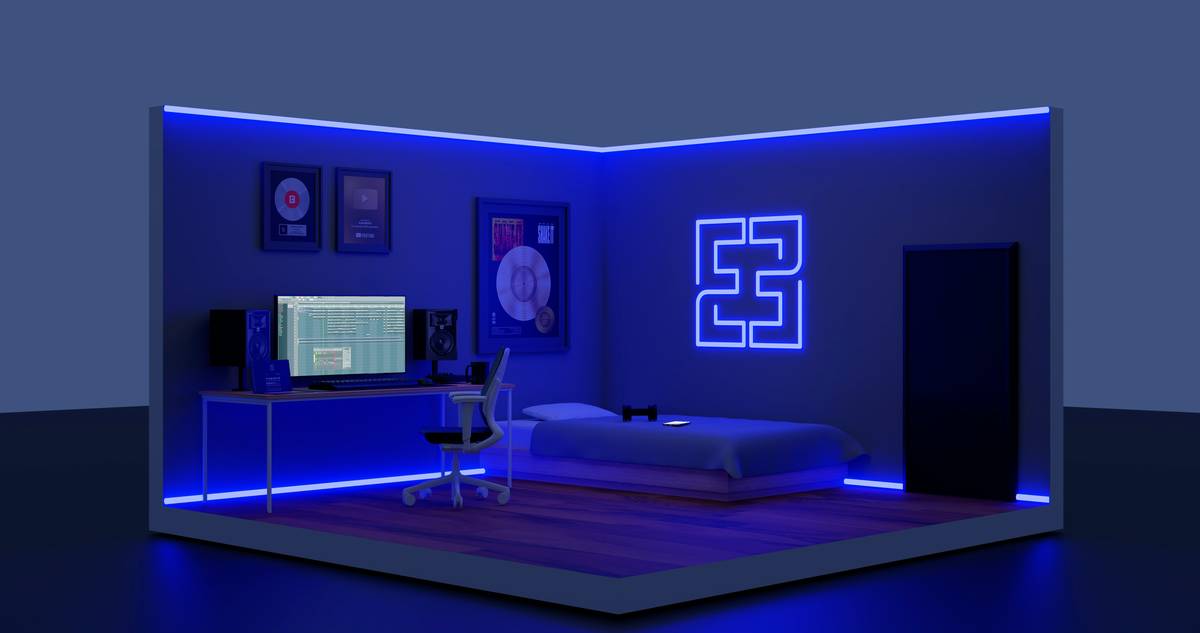 Side view of full gaming loft bed showing integrated storage and cable management system
