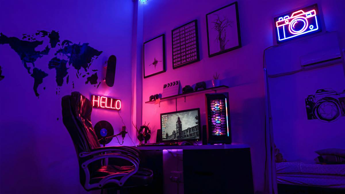 Modern gaming room with floating bed showing under-bed storage and LED lighting